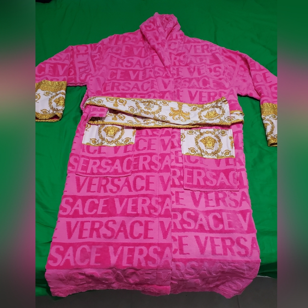 Versace Pink Logo Plush Bathrobe with Baroque Trim, Size "M"